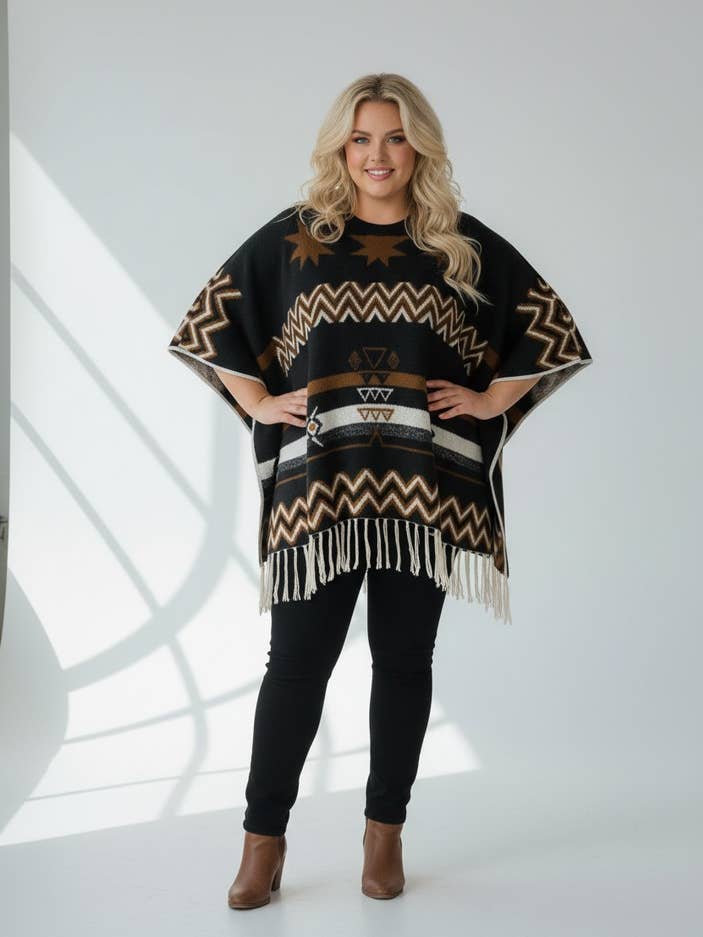 Cape à franges grande taille motif noir (T08012) pour la vente par Pomme Rouge Paris