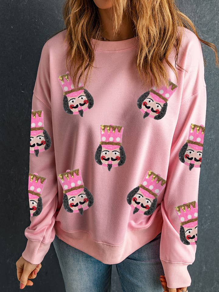 As shown Sequin Nutcracker Christmas Graphic Sweatshirt | S-2XL for wholesale on Faire