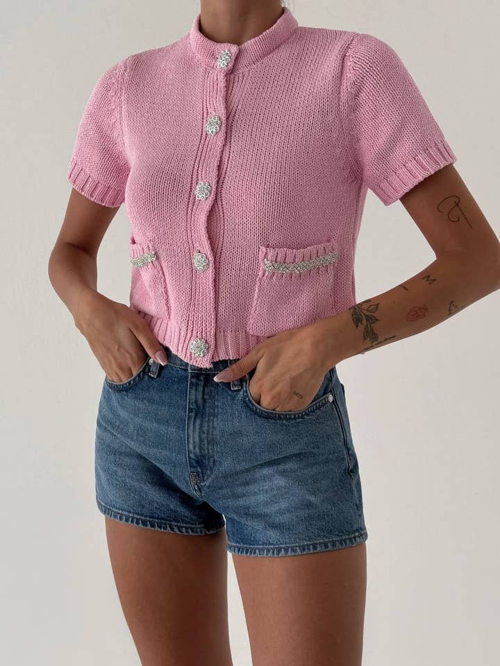 W-4395p Knit Cropped Cardigan with Crystal Daisy Buttons for wholesale by FAME GREECE