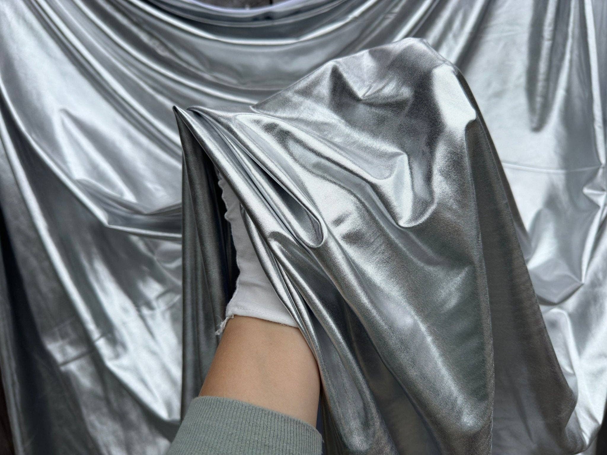 GalaTextile - Wholesale Fabric - Silver Spandex Lame Foil Fabric by Yard Super Stretch Metallic Lame All Over Foil on Stretch Knit for Dance Wear Costumes, Dresses, Leggings1