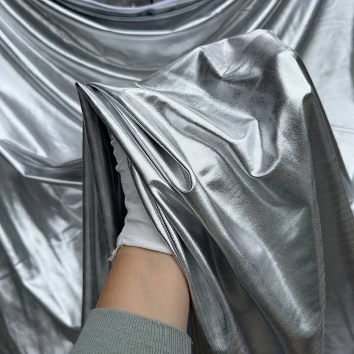 GalaTextile - Wholesale Fabric - Silver Spandex Lame Foil Fabric by Yard Super Stretch Metallic Lame All Over Foil on Stretch Knit for Dance Wear Costumes, Dresses, Leggings1