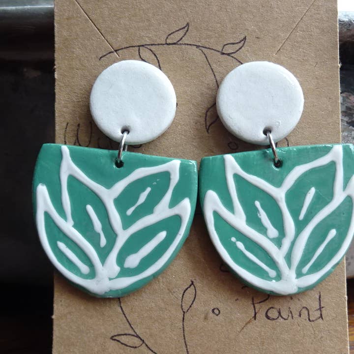 CLOSEOUT Green earrings with white leave and white studs for wholesale by With Clay & Paint