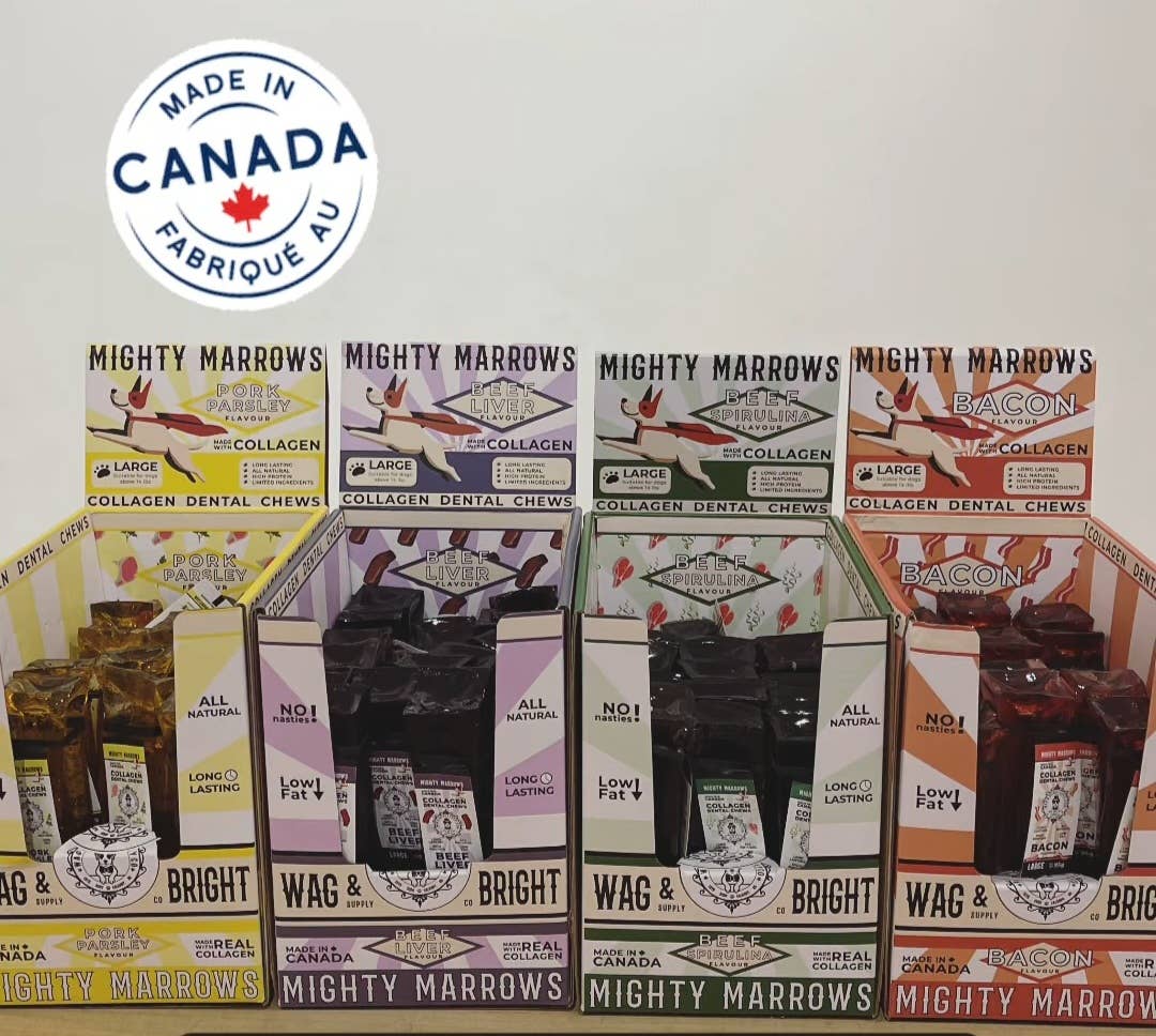 Wag & Bright Supply Co. - Vente Os à mâcher – chien - Mighty Marrows Collagen Dental Chew - Bœuf Spiruline - SM/LG13