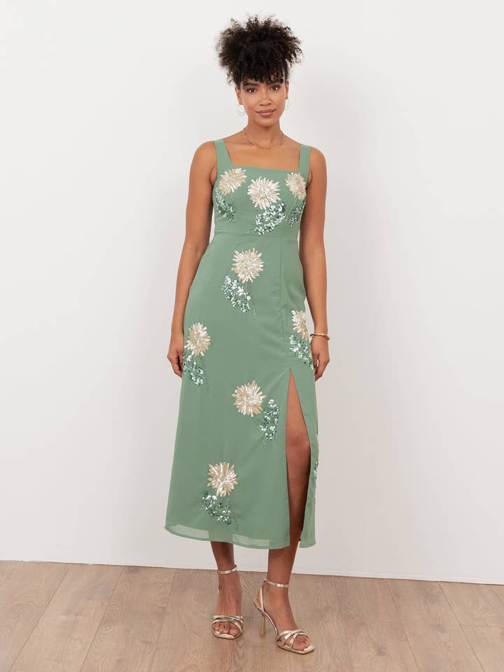 Maya Dark Sage Green Floral Embellished Square Neck Midaxi Dress with Split for wholesale by Plaza Collection Ltd