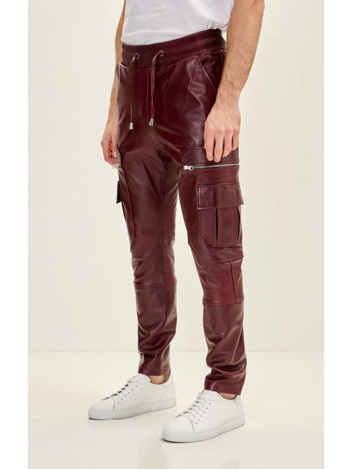 Men's Genuine Leather Destination Joggers - Burgundy for wholesale on Faire