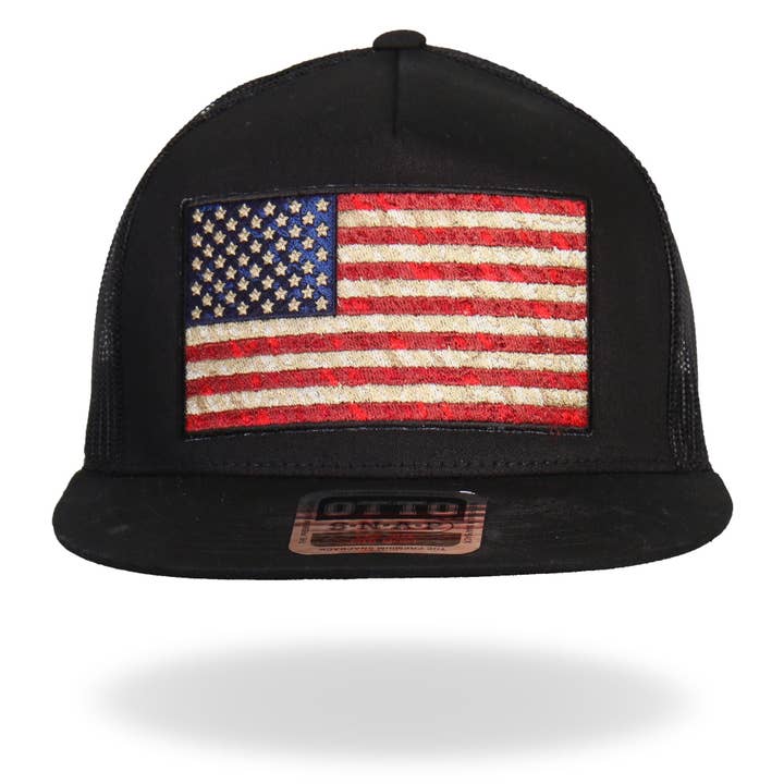 Hot Leathers GSH2005 Vintage American Flag All Black Snap Back Hat for wholesale by Hot Leathers