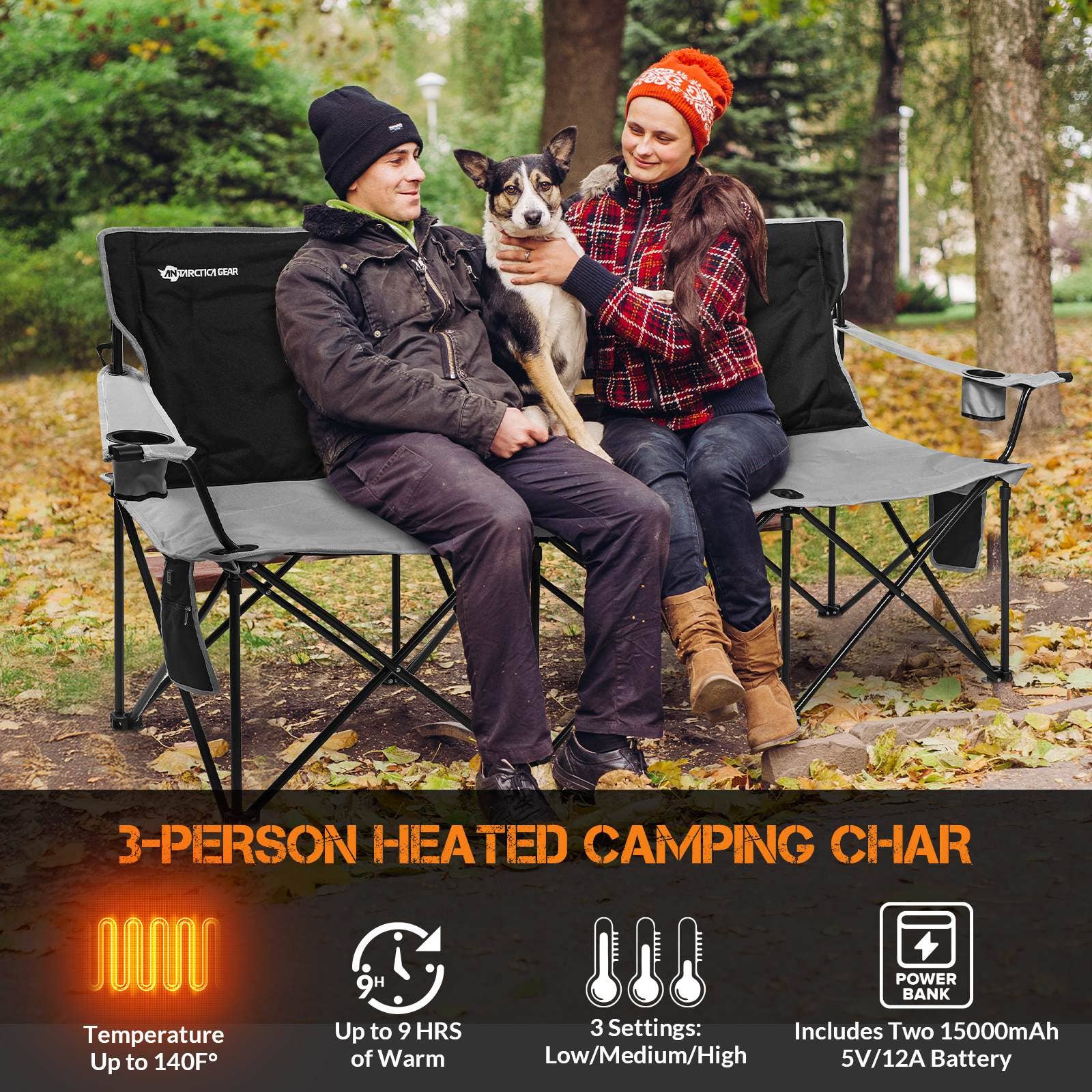 Antarctica Outdoors – wholesale Folding chair – ANTARCTICA GEAR Heated 3-Person Camping Chair with 12V 15000mAh Battery Pack3