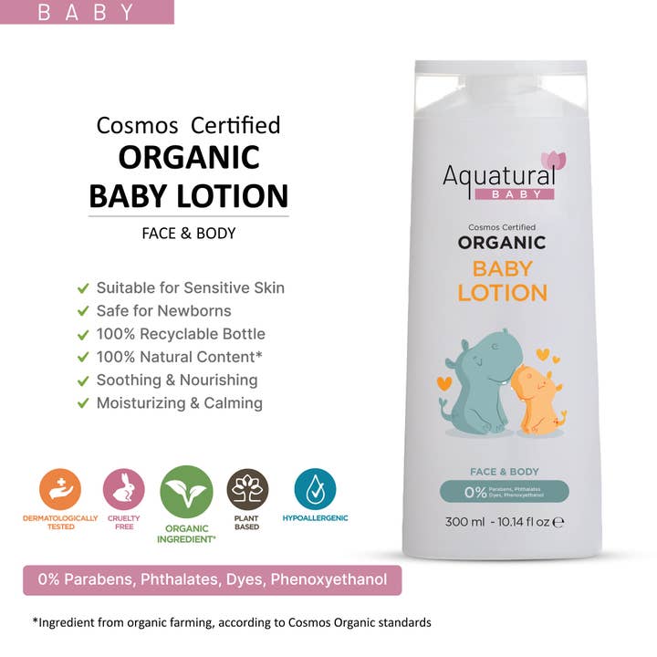 Aquatural Organic Baby Lotion - Plant-Based, Vegan & Gentle for Newborns & Babies | Cosmos Certified for wholesale by Turgiene