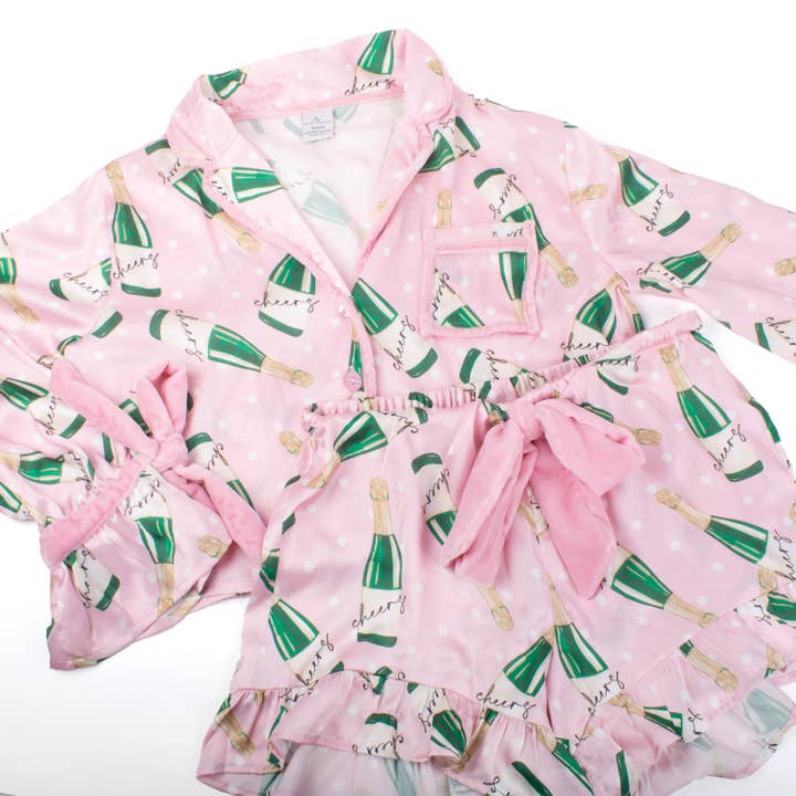 8 Oak Lane - Wholesale Sleepwear Set - Women's - Champagne Dot Satin Ruffle Short PJ Set