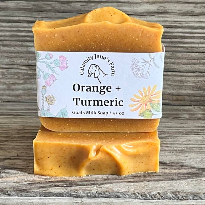 Orange + Turmeric Goat Milk Soap for wholesale by Calamity Jane’s Farm