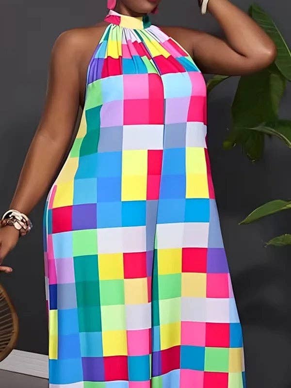 COLORFUL ​Loose Sleeveless Plaid Pleat Halter Jumpsuit for wholesale on Faire