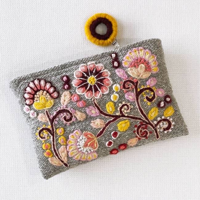 Heather Gray Embroidered Wool Pouch for wholesale by Jenny Krauss