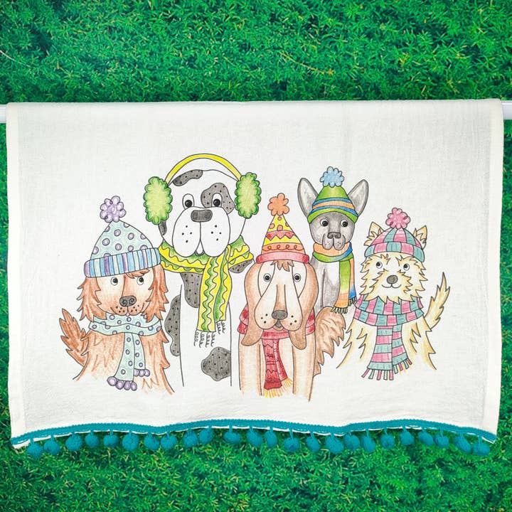 Kitchen Flour Sack Tea Towel - Dogs in Hats for wholesale by Doodles and Fun!