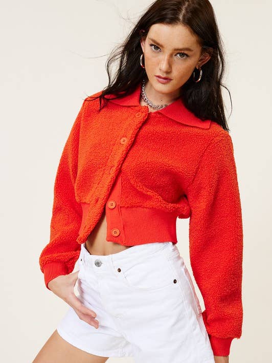 Mimosa - Wholesale Jacket - Women's - Cropped Teddy Jacket with Contrast Ribbed Collar16