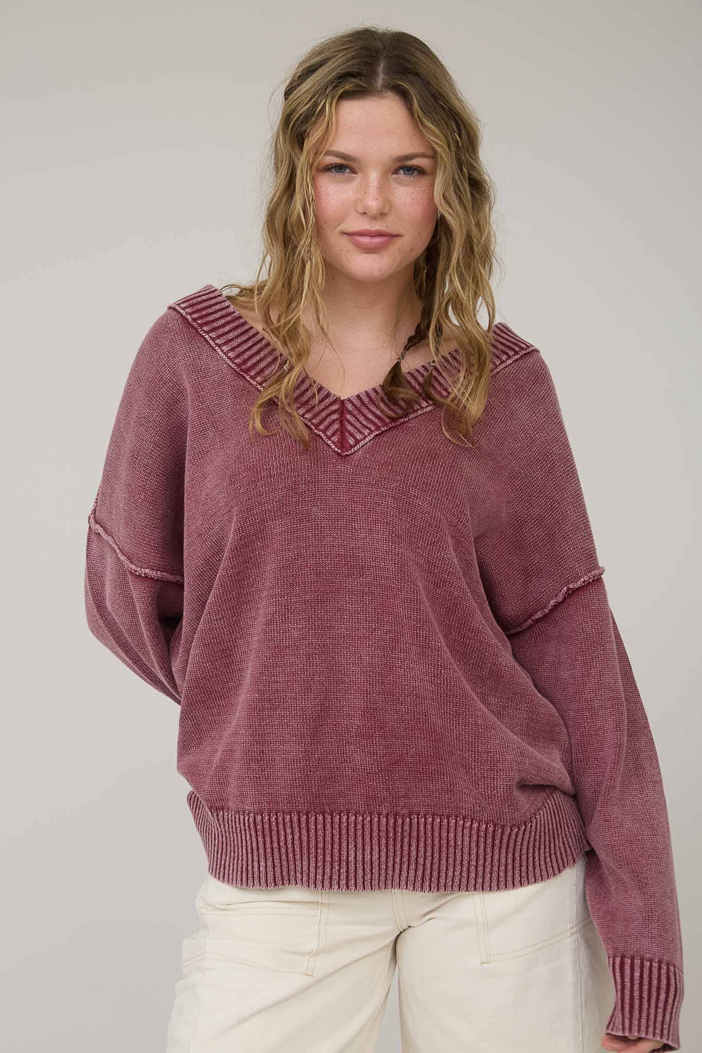 Blu Pepper - Vente Pull en maille – femme - PULL EN TRICOT SURDIMENSIONNÉ À MANCHES LONGUES ET COL EN V DÉLAVÉ11