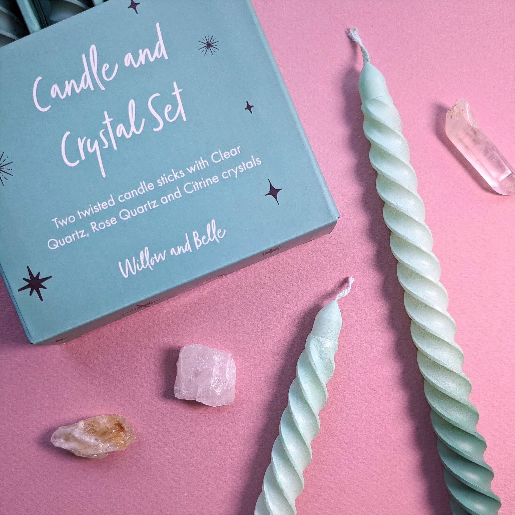 Robert Frederick Ltd - Wholesale Meditation Supplies - Willow and Belle Green Ombre Candle & Crystal Set - Includes Two Twisted Candles and Three Crystal Stones2