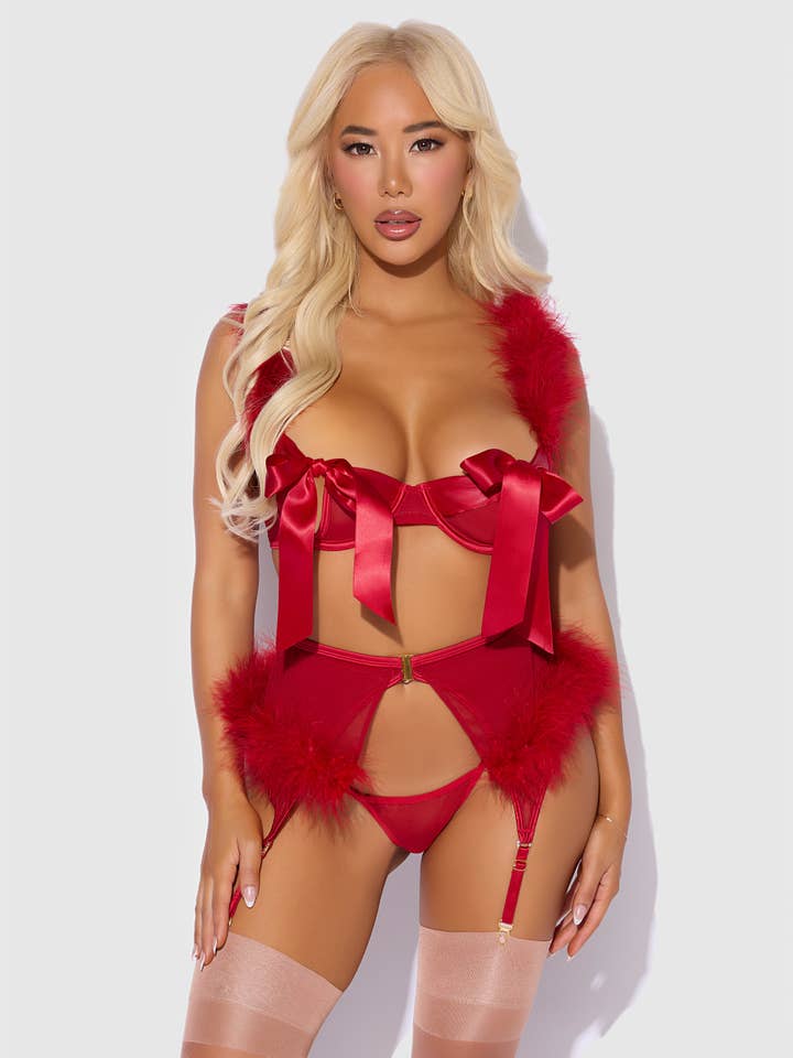 CRIMSON RED MARILYN FEATHER & MESH OPENABLE BRA, GARTER & G-STRING SET for wholesale on Faire