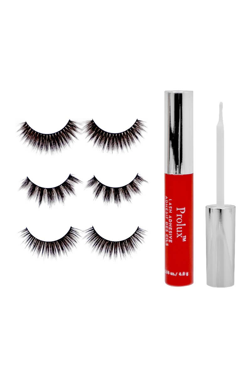 PINEAPPLE Beauty - Wholesale False/Fake Eyelashes - Prolux K-303 Gnome & Fluff 3 pairs Eyelashes + Glue Set - 125