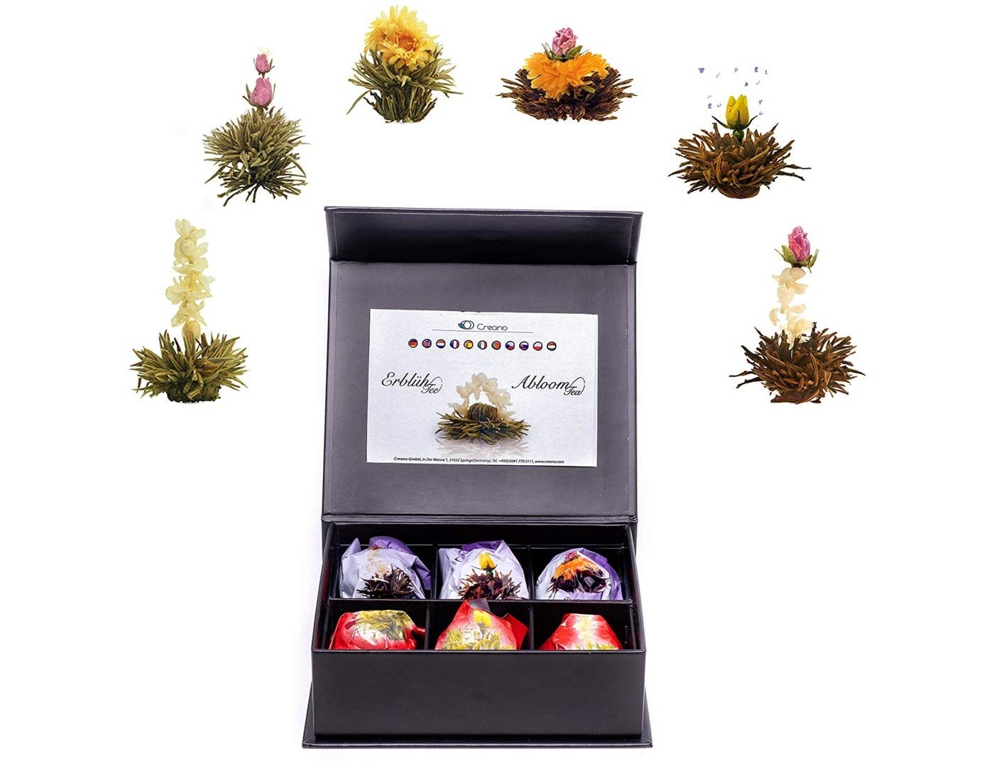 Creano – Engroshandel Sundheds-/detox-te – Magnetisk æske med 6 blomstrende teer - sort te/hvid te