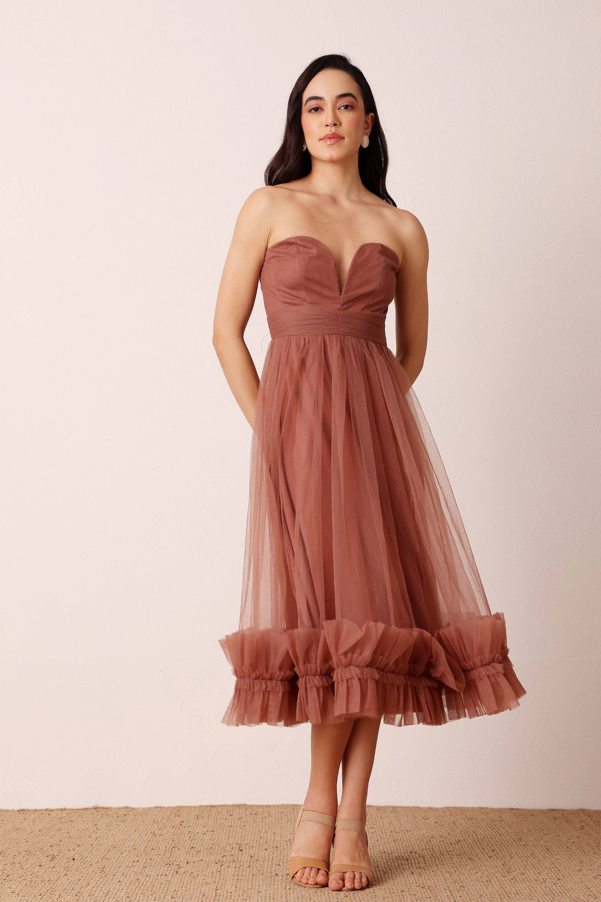 Orion Tulle Midi Dress in Rose Brown for wholesale on Faire1