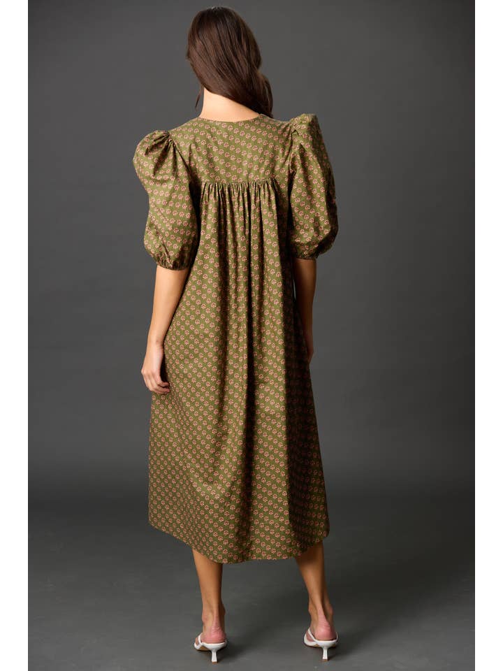 Olive Mauve Poplin Puff Sleeve Midi Dress for wholesale on Faire4