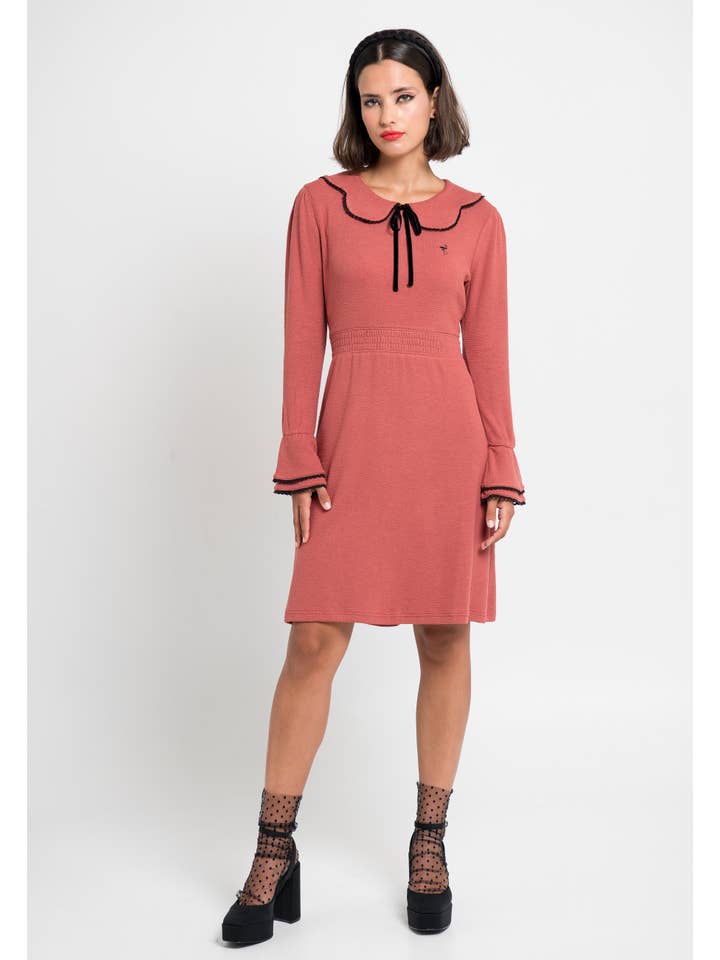 Black Flamingo - Wholesale Dress - Women's - Emily Dress.Bordeaux knit dress w/baby collar & wave trim