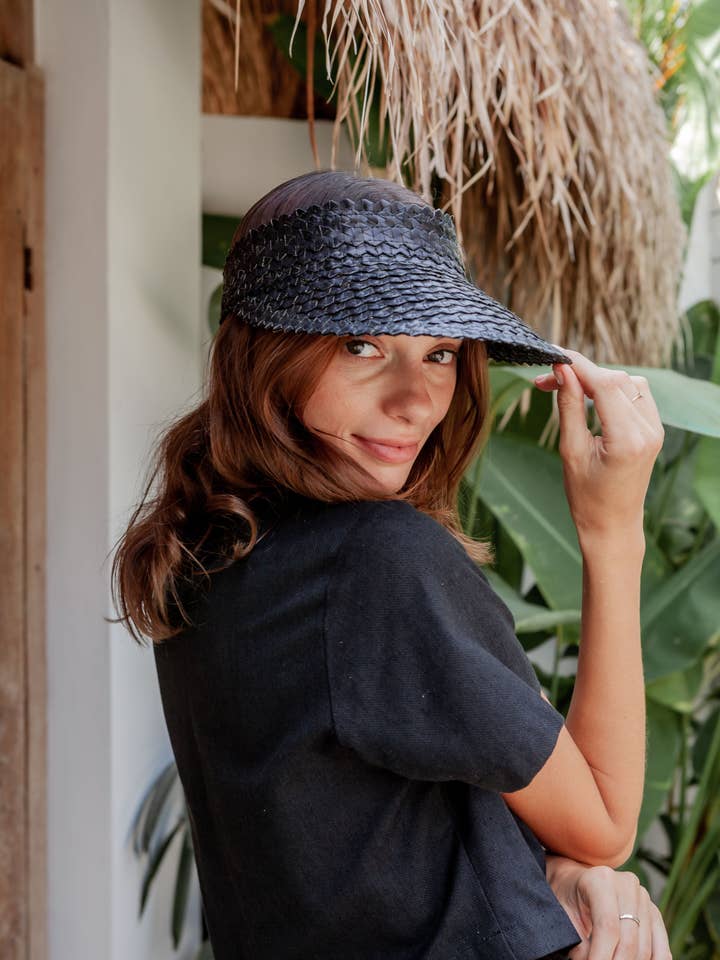 Rattan Sun Visor in Black for wholesale by Village Thrive