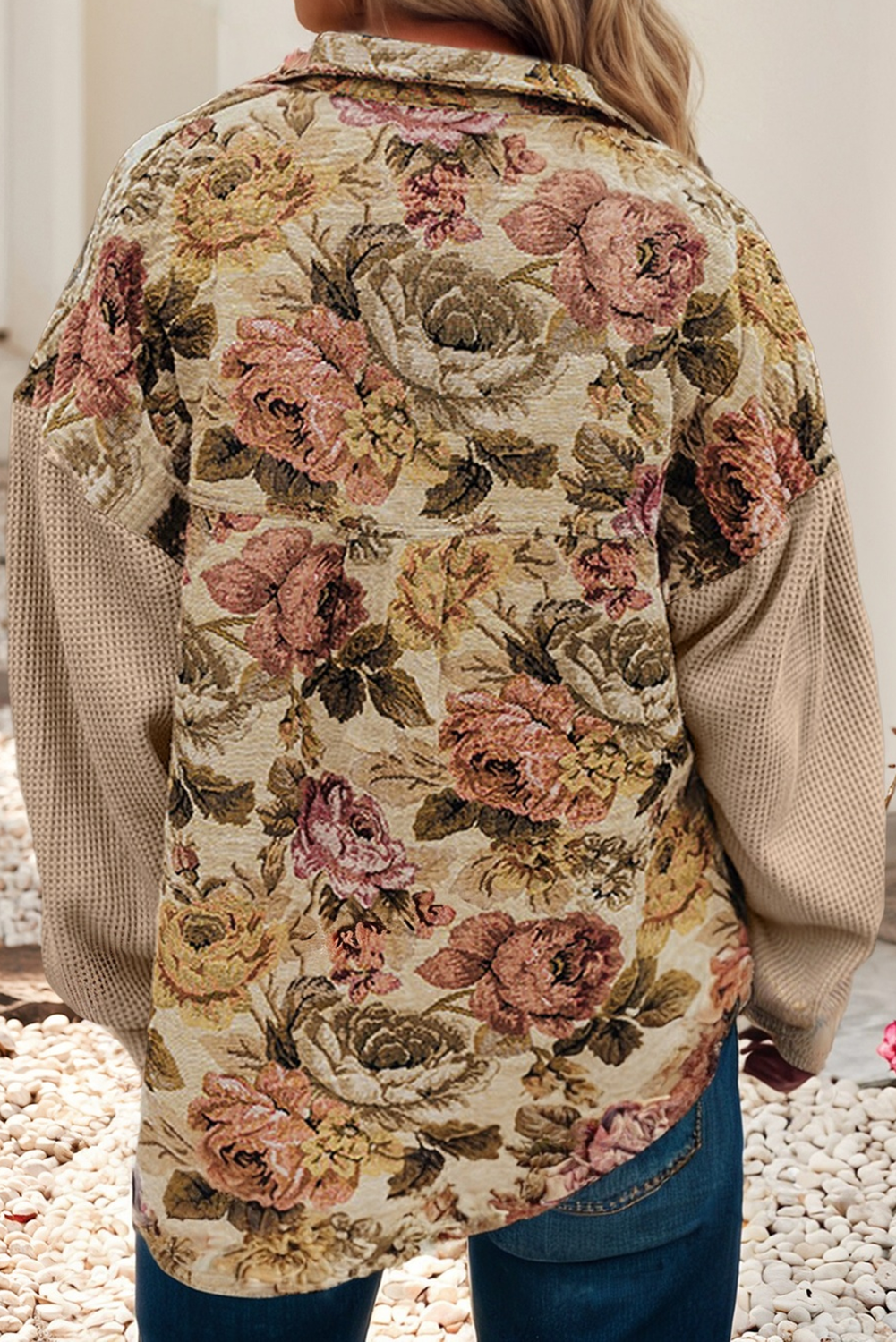 Khaki LDC Waffle Knit Patchwork Chest Pockets Buttoned Jacket for wholesale on Faire2