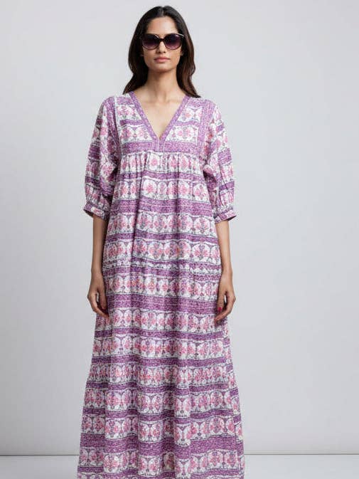 Day Dress, cotton maxi dress with puff sleeves and pockets Cassis for wholesale by La Mandarine