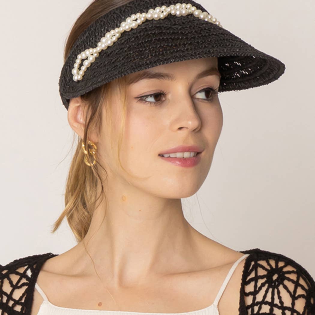 Fashion City – wholesale Visor – Women's – Straw Sun Visor with Twisted Pearl Band2