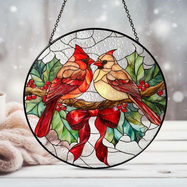 Christmas Cardinal Stained Glass Suncatcher, Red Bird Decor for wholesale by TMLECOM LTD