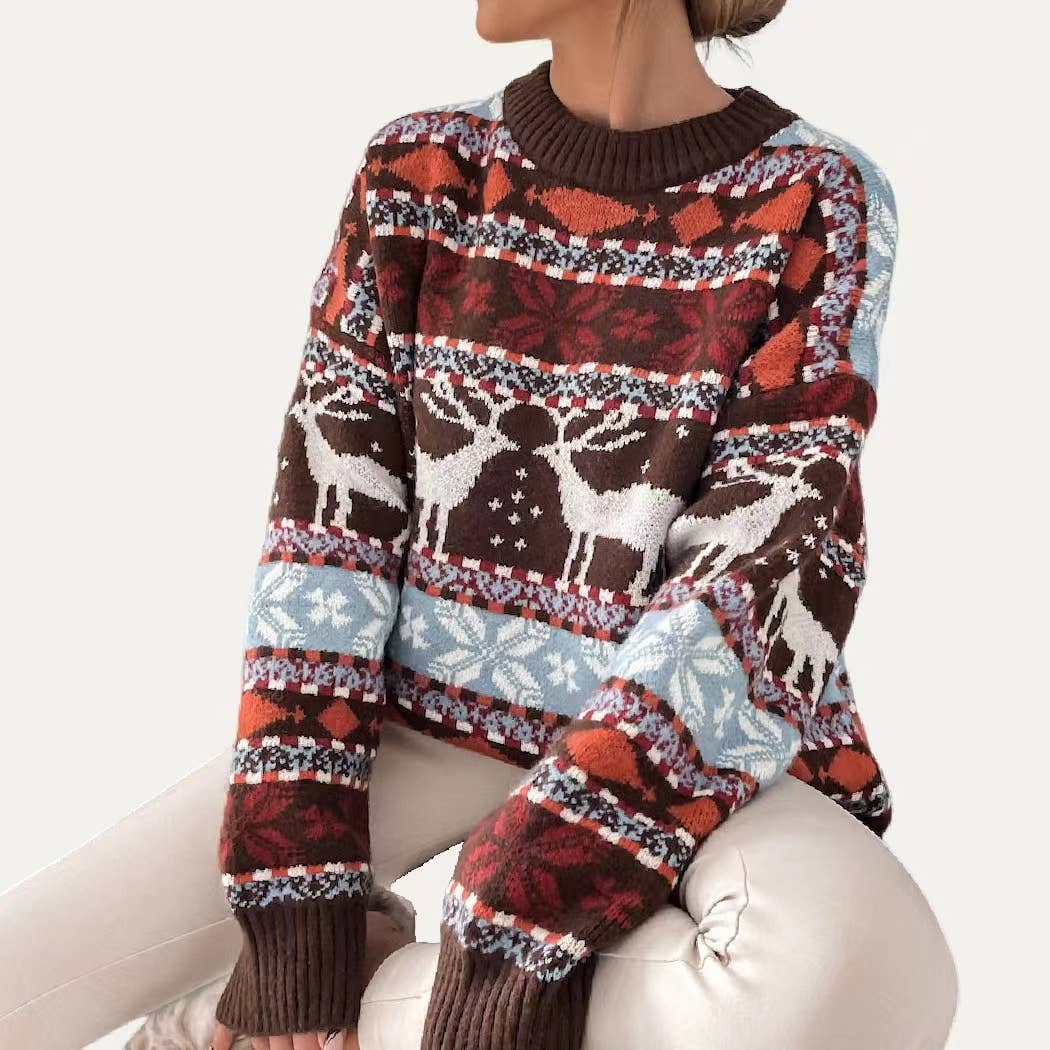 The Moment Collection - Wholesale Knit Sweater - Women's - Warmy Elk Geometric Pattern Long Sleeve Knti Sweater6
