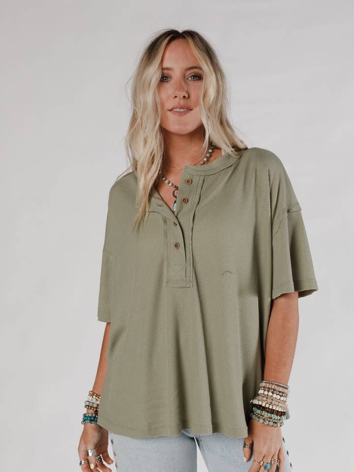 Soft Plume Henley Top - Sage for wholesale by Three Bird Nest