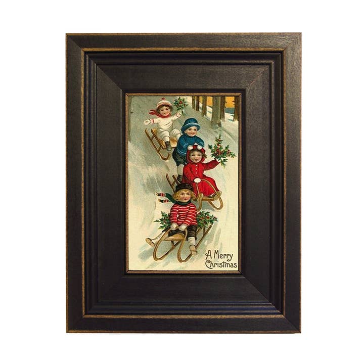Victorian Children Christmas Sledding Framed Painting Print for wholesale by Madison Bay Co. - Historical Home Decor Reproductions