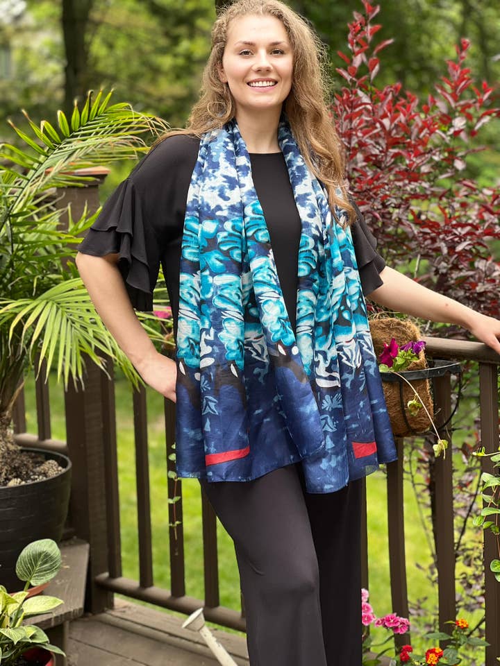 Dark Blue/Green Floral Large Silk Scarf for wholesale by Rayz Intl
