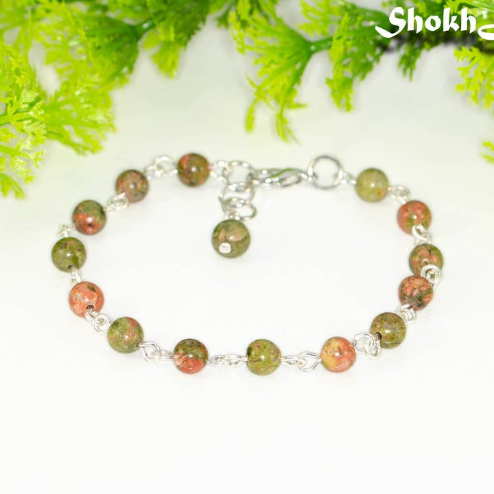 6mm Unakite Crystal Beaded Link Chain Bracelet/Anklet for wholesale by Shokh Jewelry