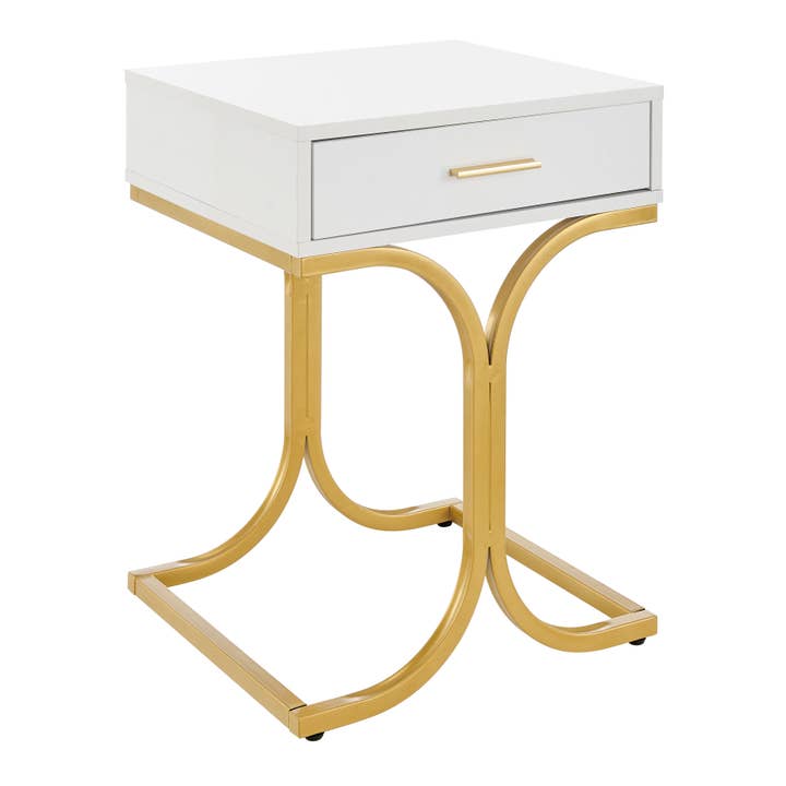 Danya B - Wholesale Side Table - Retro White Lacquer Gold Brass Metal Nightstand with Drawer
