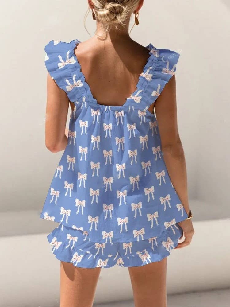 Rosa Clothing - Wholesale Top & Short Set (NOT Loungewear) - Women's - Floral & ribbon bow print ruffled tank top shorts set11