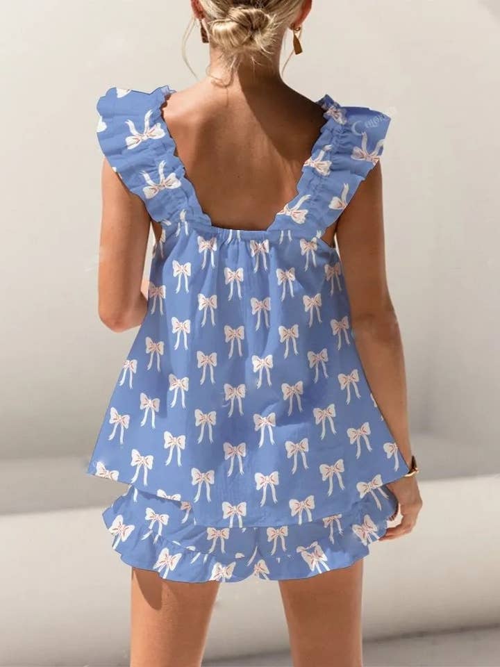 Rosa Clothing - Wholesale Top & Short Set (NOT Loungewear) - Women's - Floral & ribbon bow print ruffled tank top shorts set11