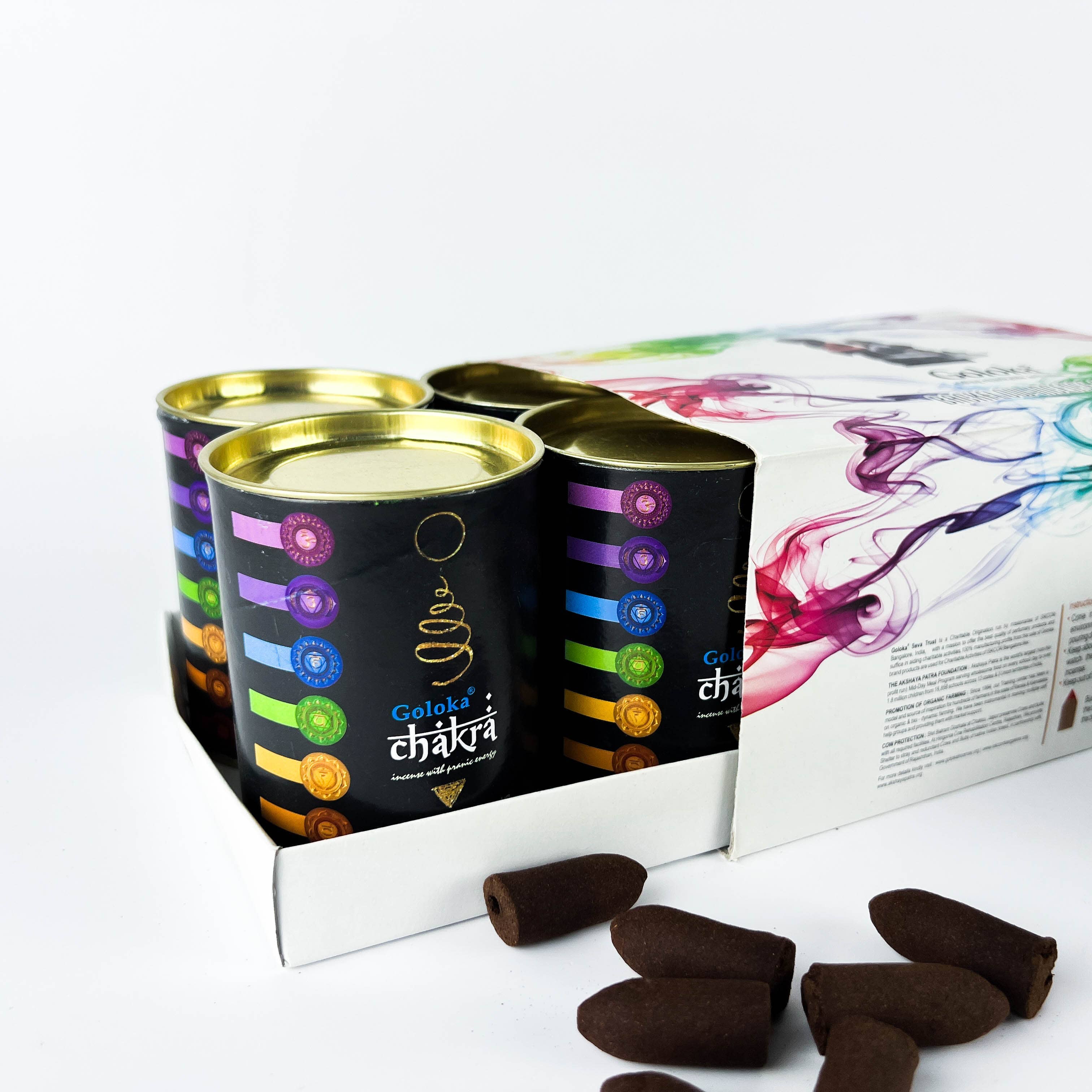GREENROOTS USA LLC - Vendita all'ingrosso Incensi - Coni di incenso Goloka Chakra Backflow, confezione da 24 coni, confezione da 68