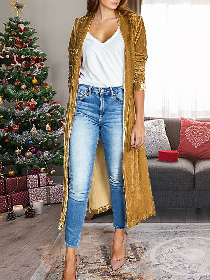 1 the Woman - Wholesale Cardigan - Women's - Velvet Open Front Pocketed Long Duster