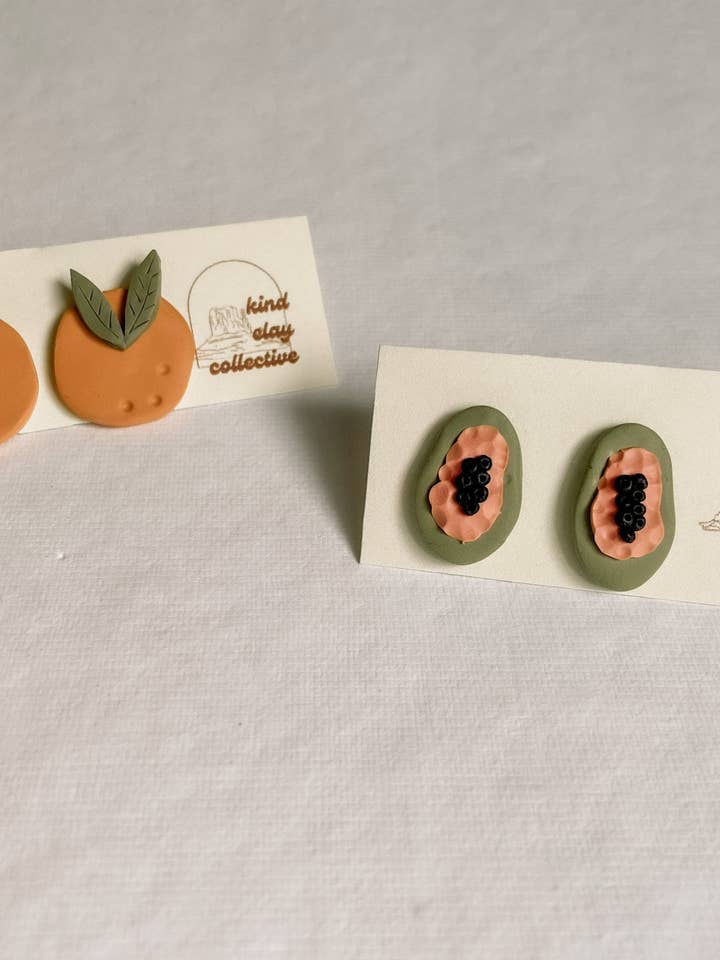 FRUIT EARRINGS | fruit studs | orange earrings | polymer clay fruit earrings | papaya earrings for wholesale by Kind Clay Collective