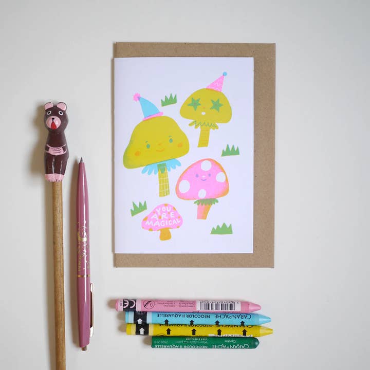 You are magical- cute mushrooms A6 risograph greeting card for wholesale by Bel's Art World
