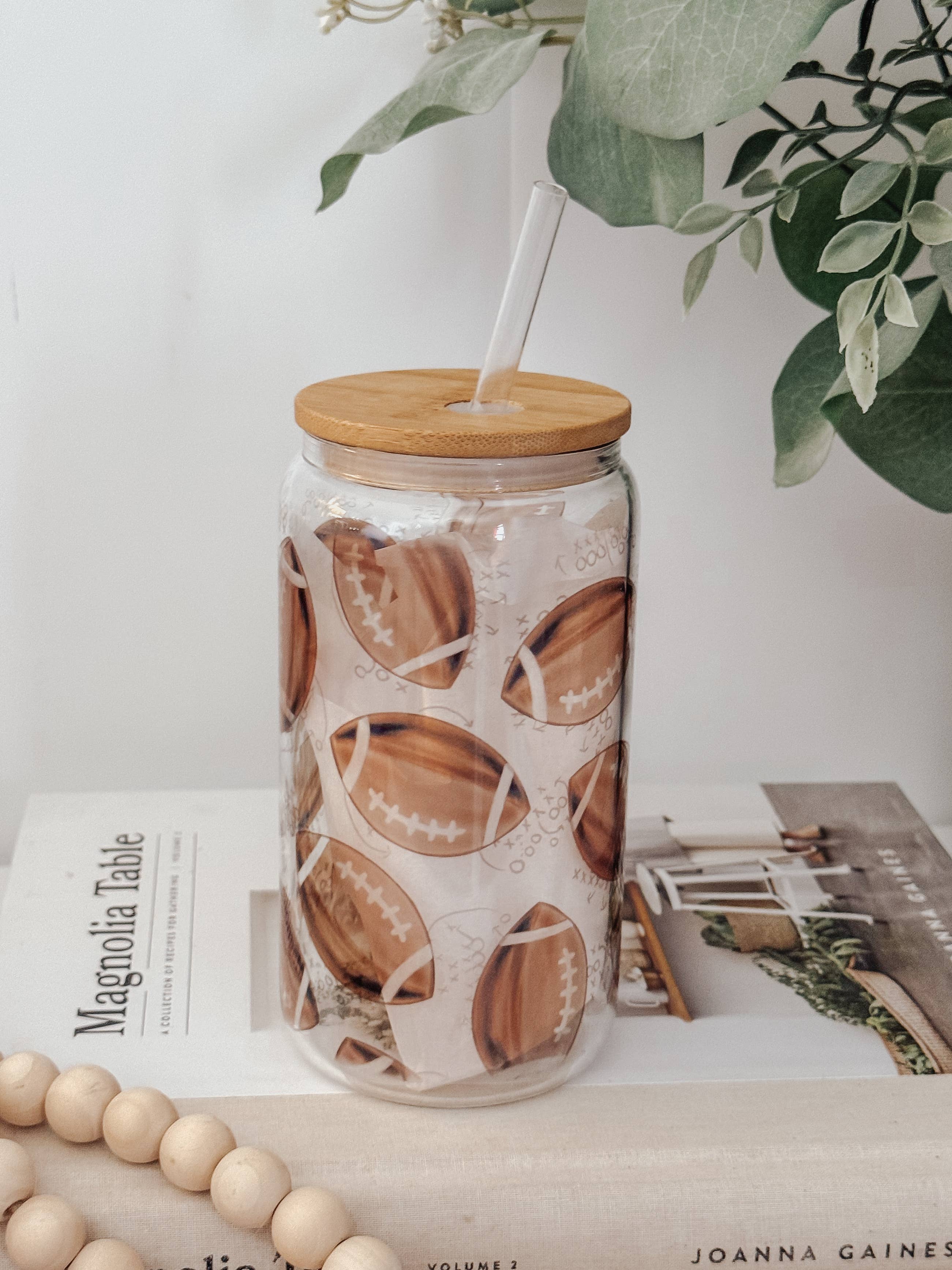 Onic Brands LLC - Wholesale Drinking Glass/Cup - Watercolor Footballs 16oz Glass Cup with Bamboo Lid7