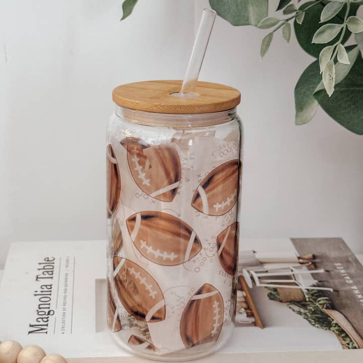 Onic Brands LLC - Wholesale Drinking Glass/Cup - Watercolor Footballs 16oz Glass Cup with Bamboo Lid7