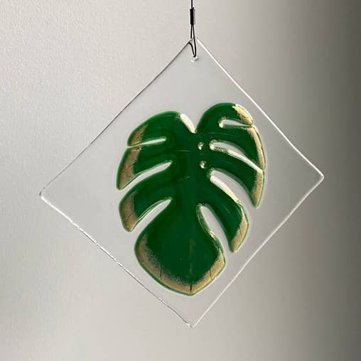 Monstera Green and Gold Fused Glass Diamond for wholesale by Lilikoi Art Studio
