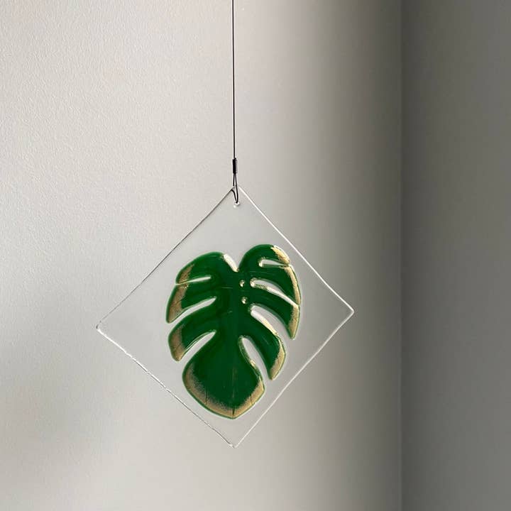 Monstera Green and Gold Fused Glass Diamond for wholesale by Lilikoi Art Studio