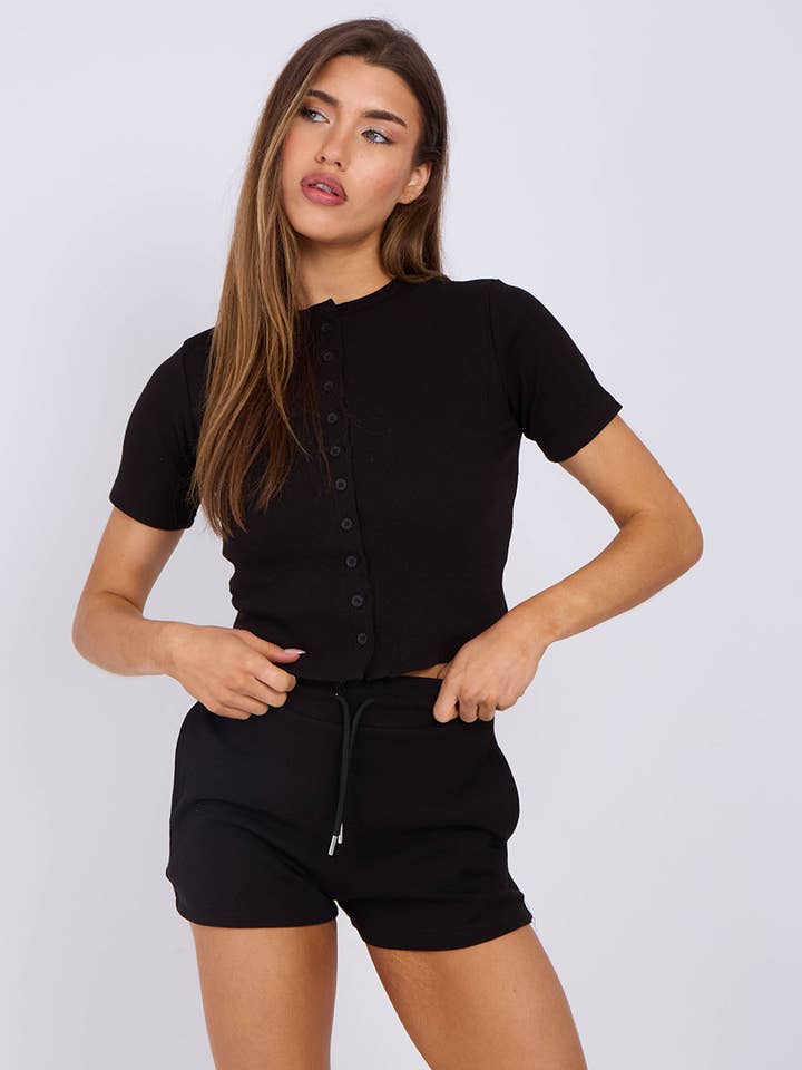 AX Labels - Wholesale Lounge Set - Women's - Ribbed Button Through Short Sleeve Top and Shorts Co-ord40