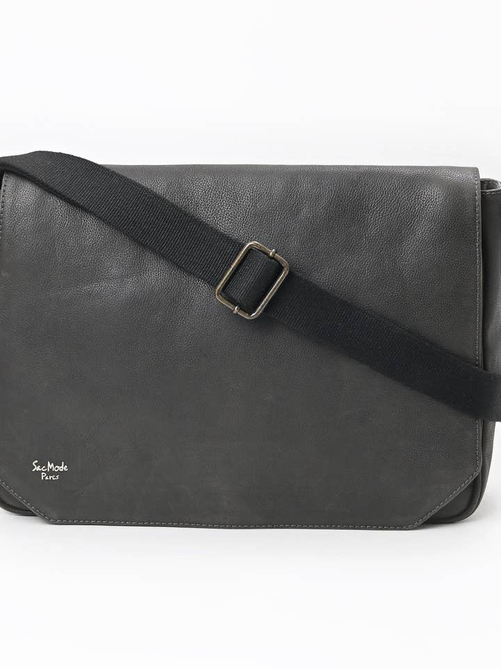 Black Leather Messenger Bag with Magnetic Flap for wholesale by Ganges Grain Inc