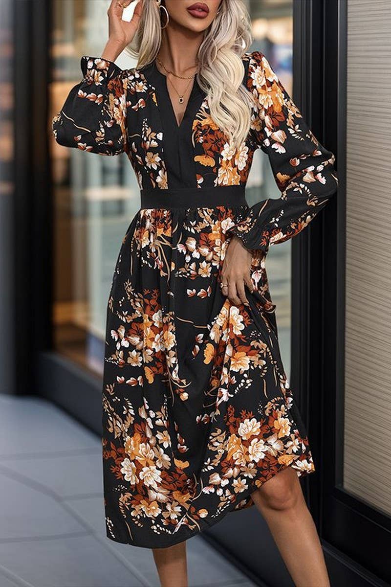 BLACK CWDMD3568_V-NECK PRINTED LONG-SLEEVED MIDI DRESS for wholesale on Faire0